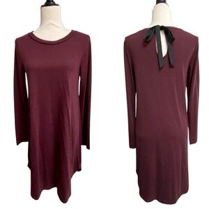LOFT Knit Dress S Maroon Burgundy Long Sleeve Bow Back Pullover Sweater Dress